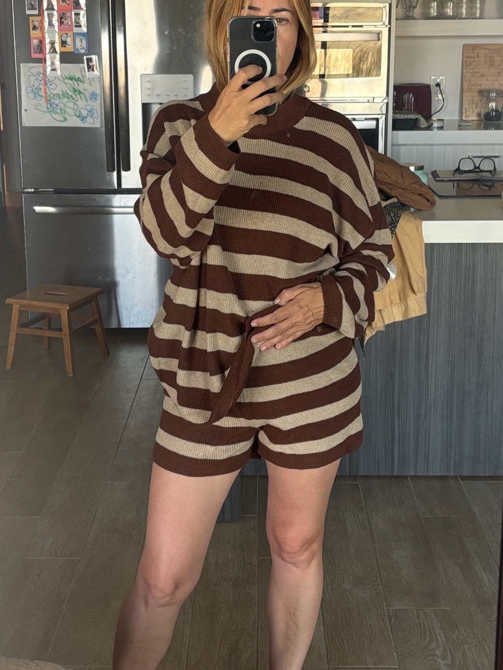Oversized Brown and Cream Striped Sweater Tunic and shorts set